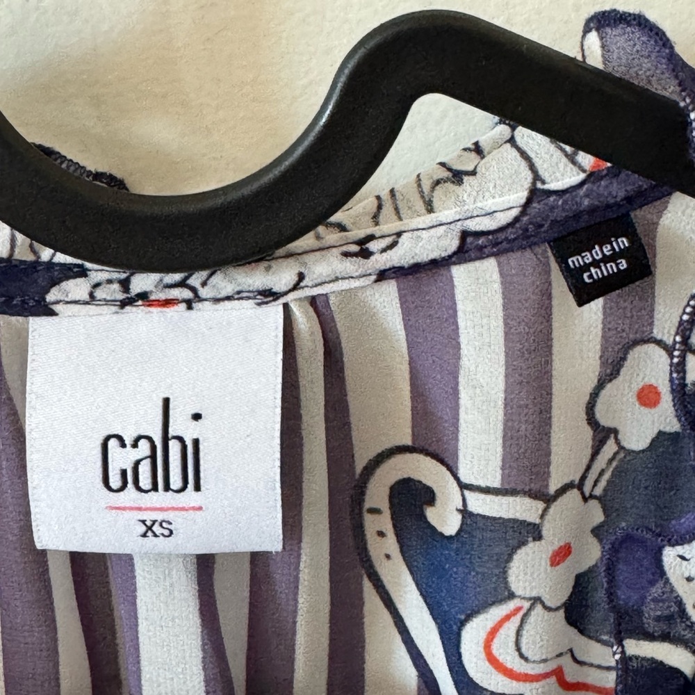 Cabi XS (generous) Floral Paisley Striped Peplum Sheer Ruffled Trim V-Neck Top - Picture 10 of 12